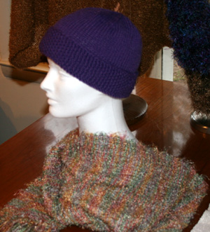 Side shot of knitted hat and scarf